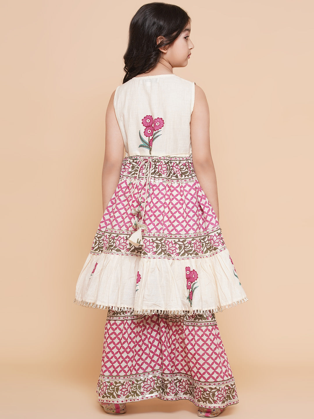 Girls Pink & White Floral Printed Kurta With Sharara - Bhama | Swadesiicart