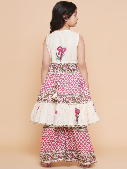 Girls Pink & White Floral Printed Kurta With Sharara - Bhama | Swadesiicart