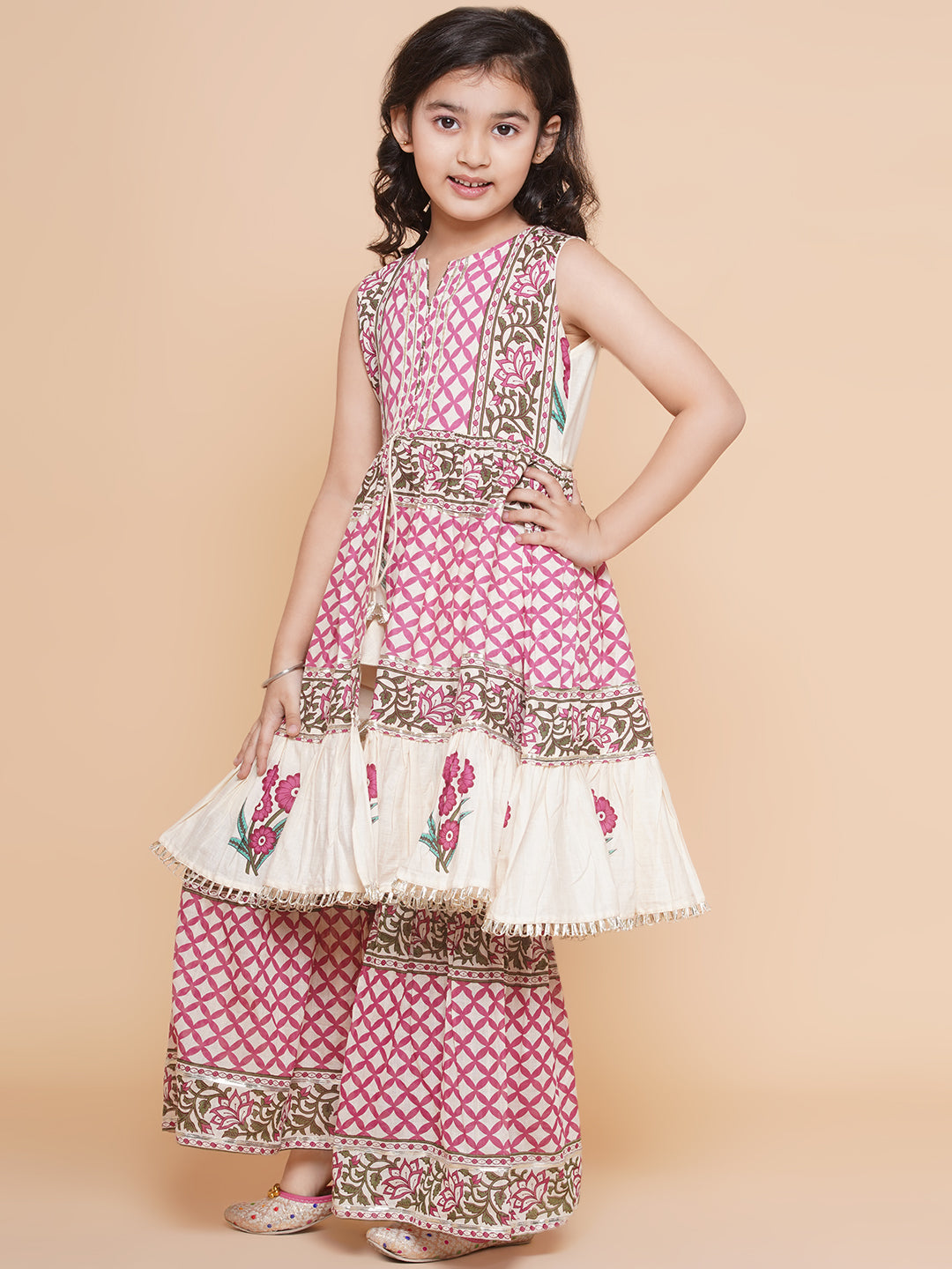 Girls Pink & White Floral Printed Kurta With Sharara - Bhama | Swadesiicart