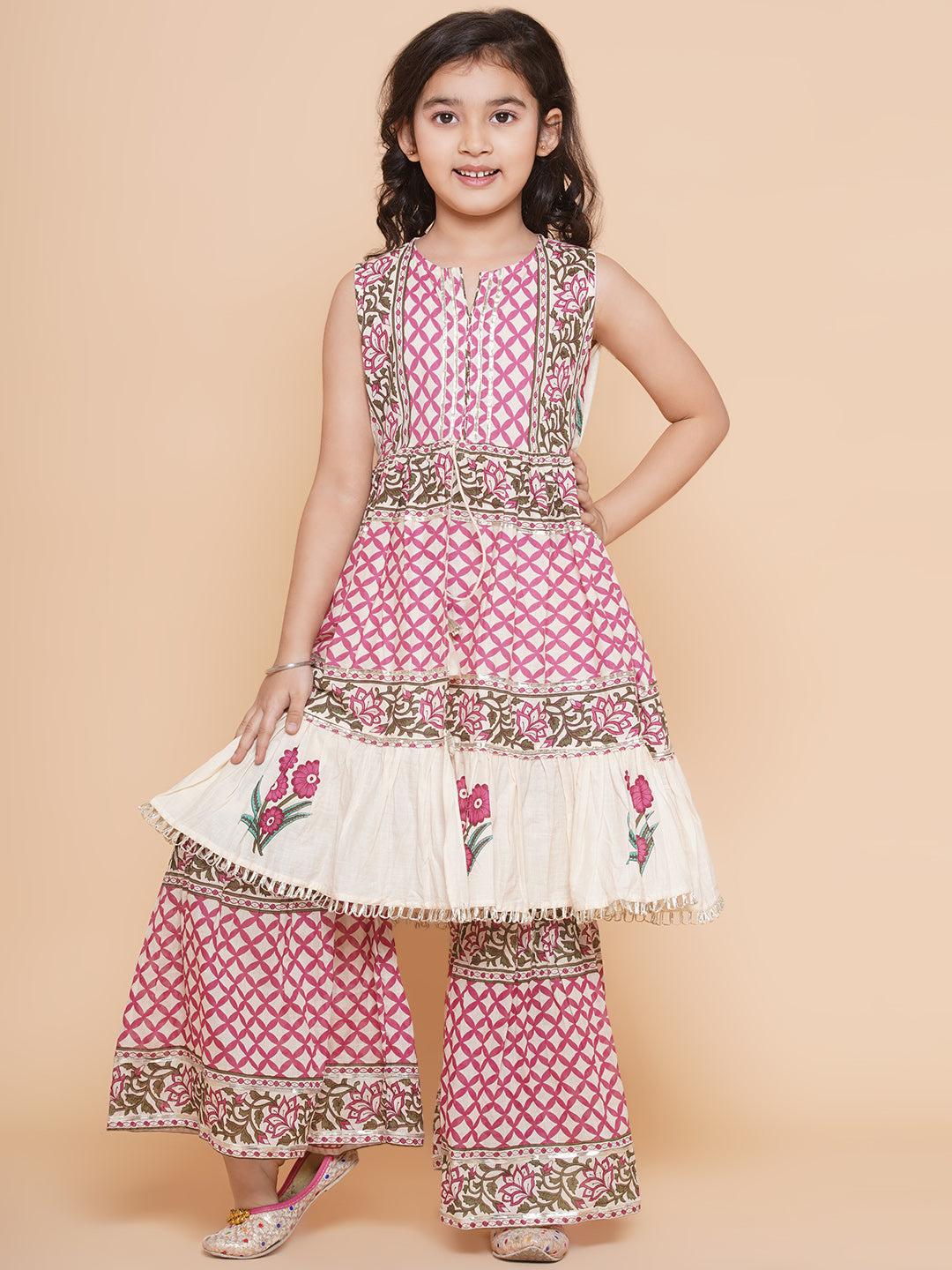 Girls Pink & White Floral Printed Kurta With Sharara - Bhama | Swadesiicart