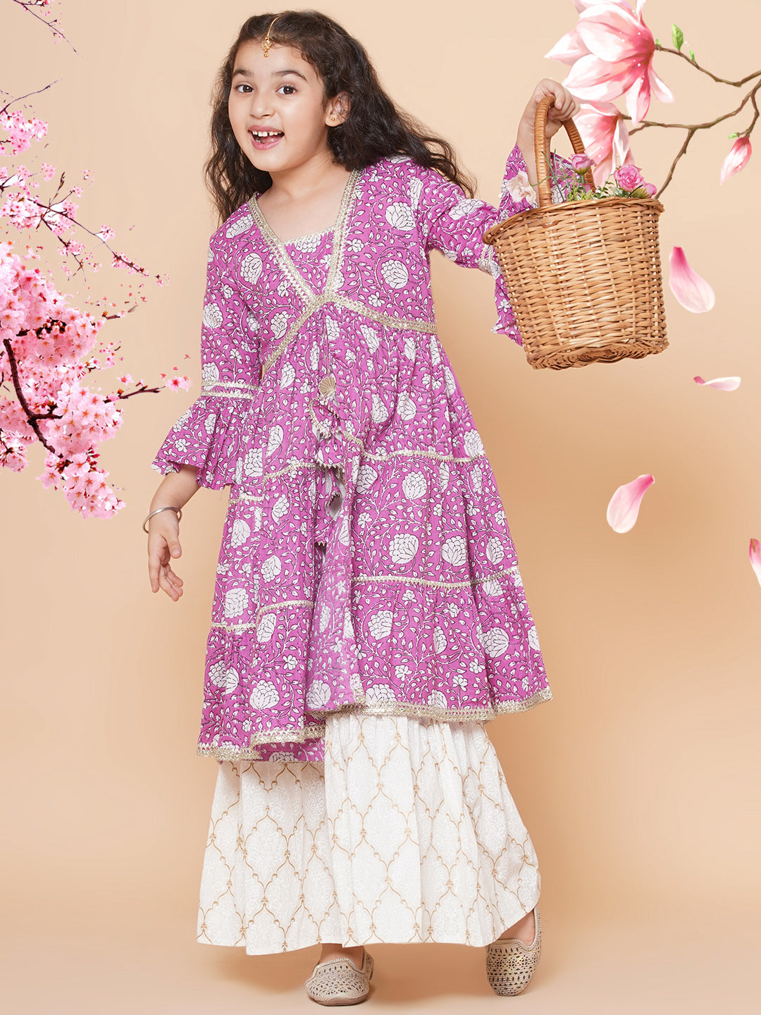Girls Purple Printed Kurta with Sharara - Bhama | Swadesiicart