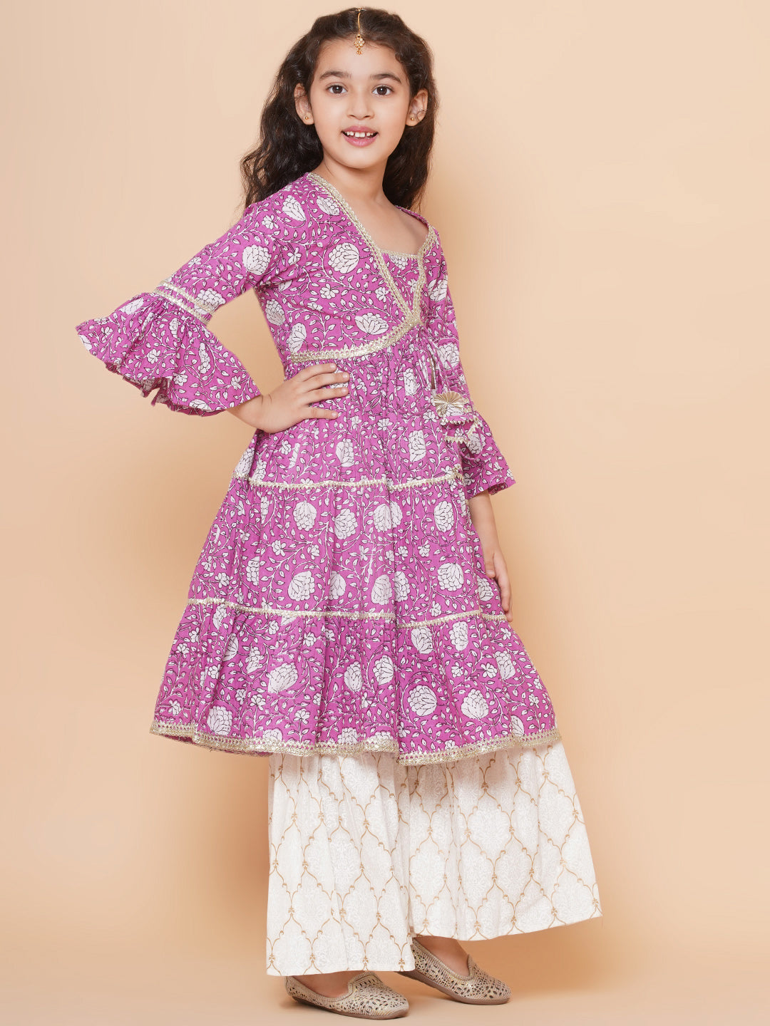 Girls Purple Printed Kurta with Sharara - Bhama | Swadesiicart