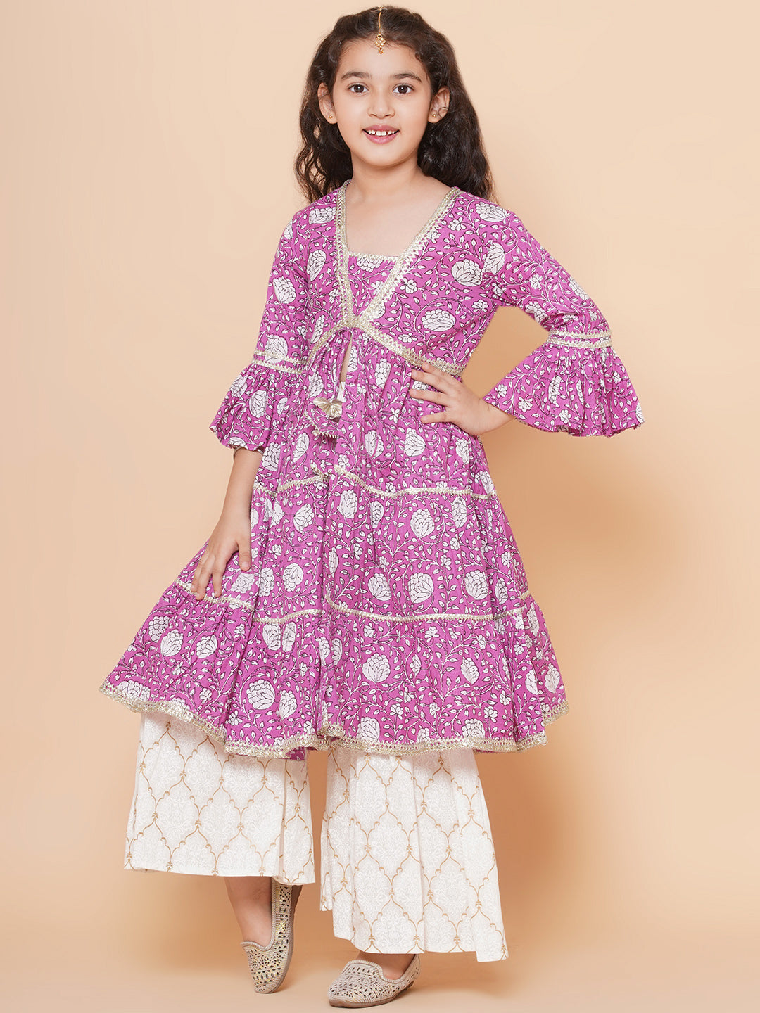 Girls Purple Printed Kurta with Sharara - Bhama | Swadesiicart