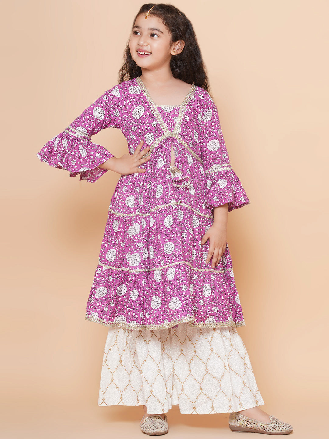 Girls Purple Printed Kurta with Sharara - Bhama | Swadesiicart