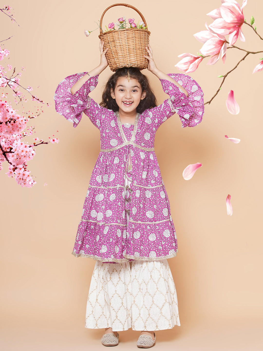 Girls Purple Printed Kurta with Sharara - Bhama | Swadesiicart