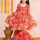 Girls Red Printed V- Neck Kurta with Sharara - Bhama | Swadesiicart