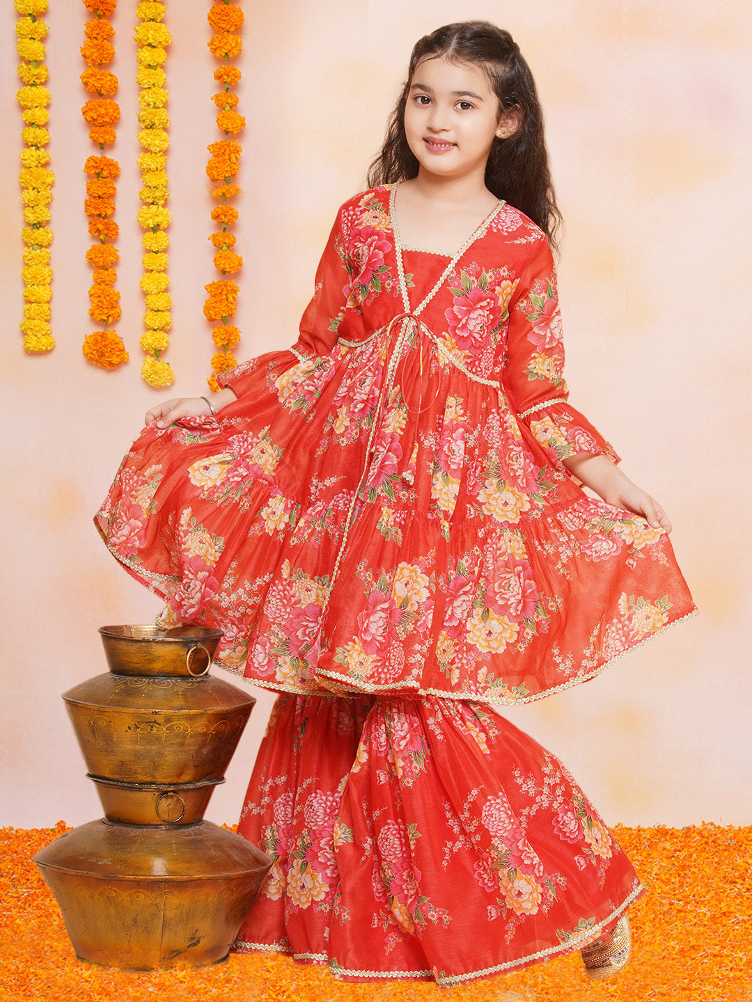 Girls Red Printed V- Neck Kurta with Sharara - Bhama | Swadesiicart