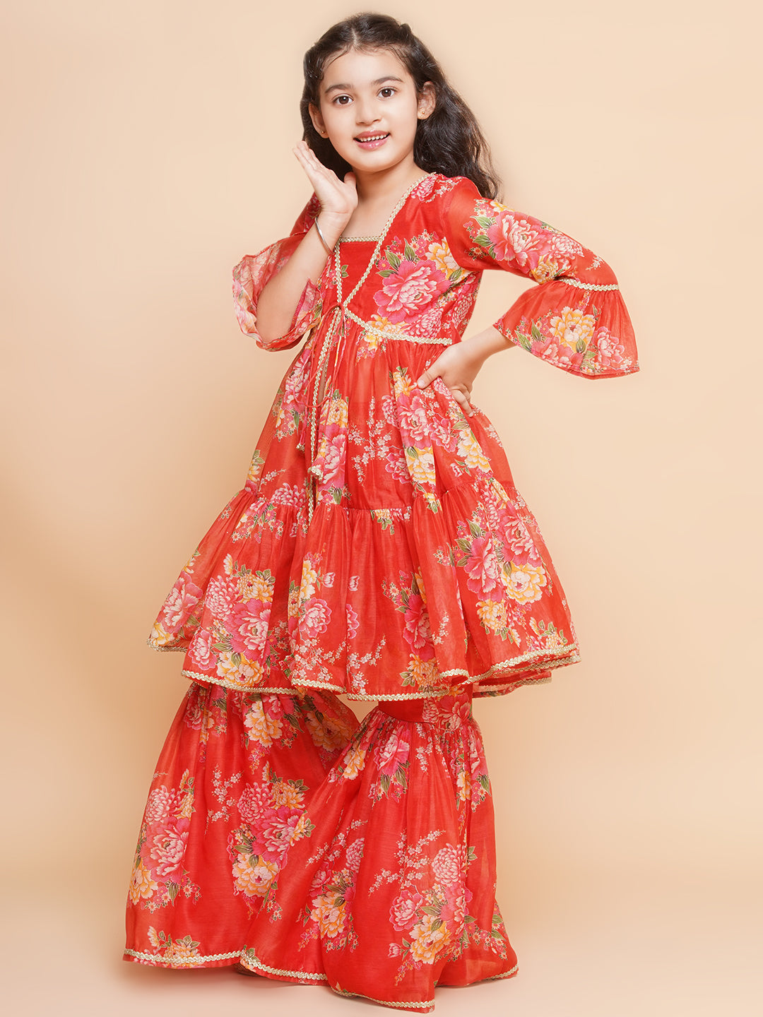Girls Red Printed V- Neck Kurta with Sharara - Bhama | Swadesiicart