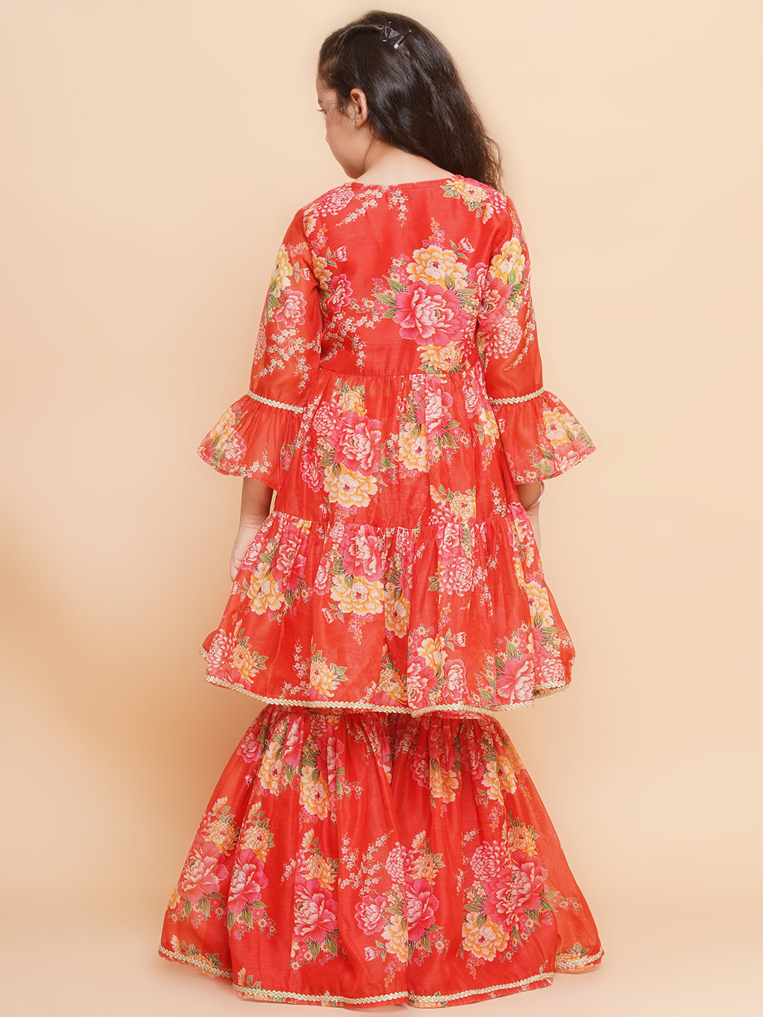 Girls Red Printed V- Neck Kurta with Sharara - Bhama | Swadesiicart