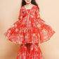 Girls Red Printed V- Neck Kurta with Sharara - Bhama | Swadesiicart