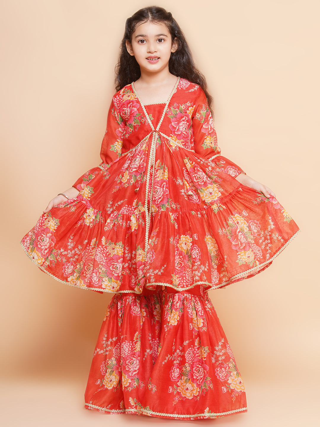 Girls Red Printed V- Neck Kurta with Sharara - Bhama | Swadesiicart