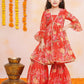 Girls Red Printed V- Neck Kurta with Sharara - Bhama | Swadesiicart