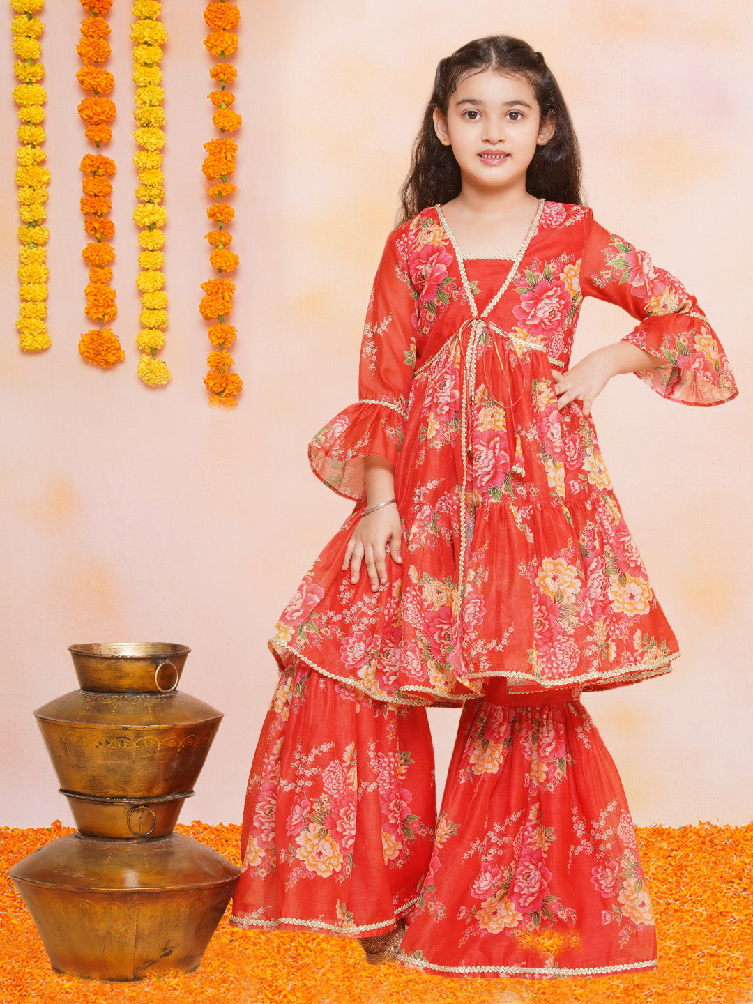 Girls Red Printed V- Neck Kurta with Sharara - Bhama | Swadesiicart