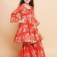 Girls Red Printed V- Neck Kurta with Sharara - Bhama | Swadesiicart
