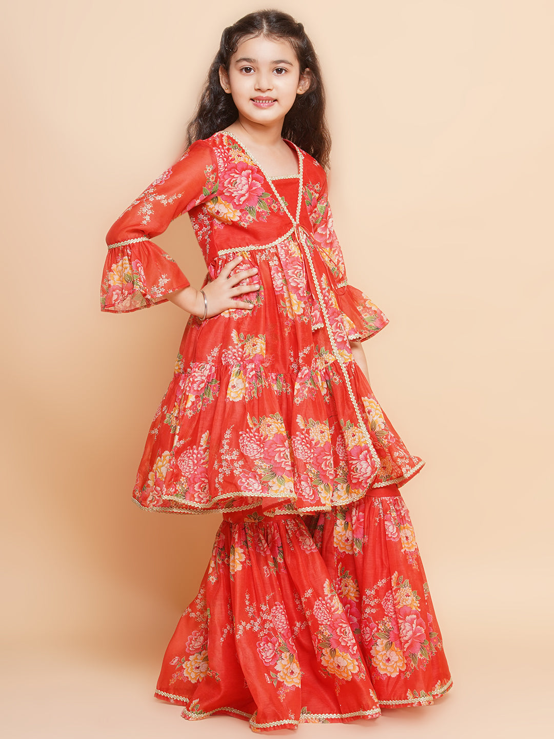 Girls Red Printed V- Neck Kurta with Sharara - Bhama | Swadesiicart