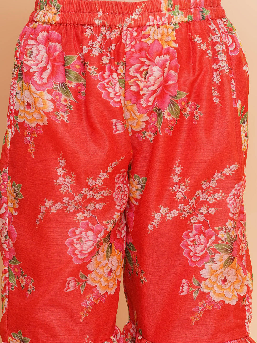 Girls Red Printed V- Neck Kurta with Sharara - Bhama | Swadesiicart