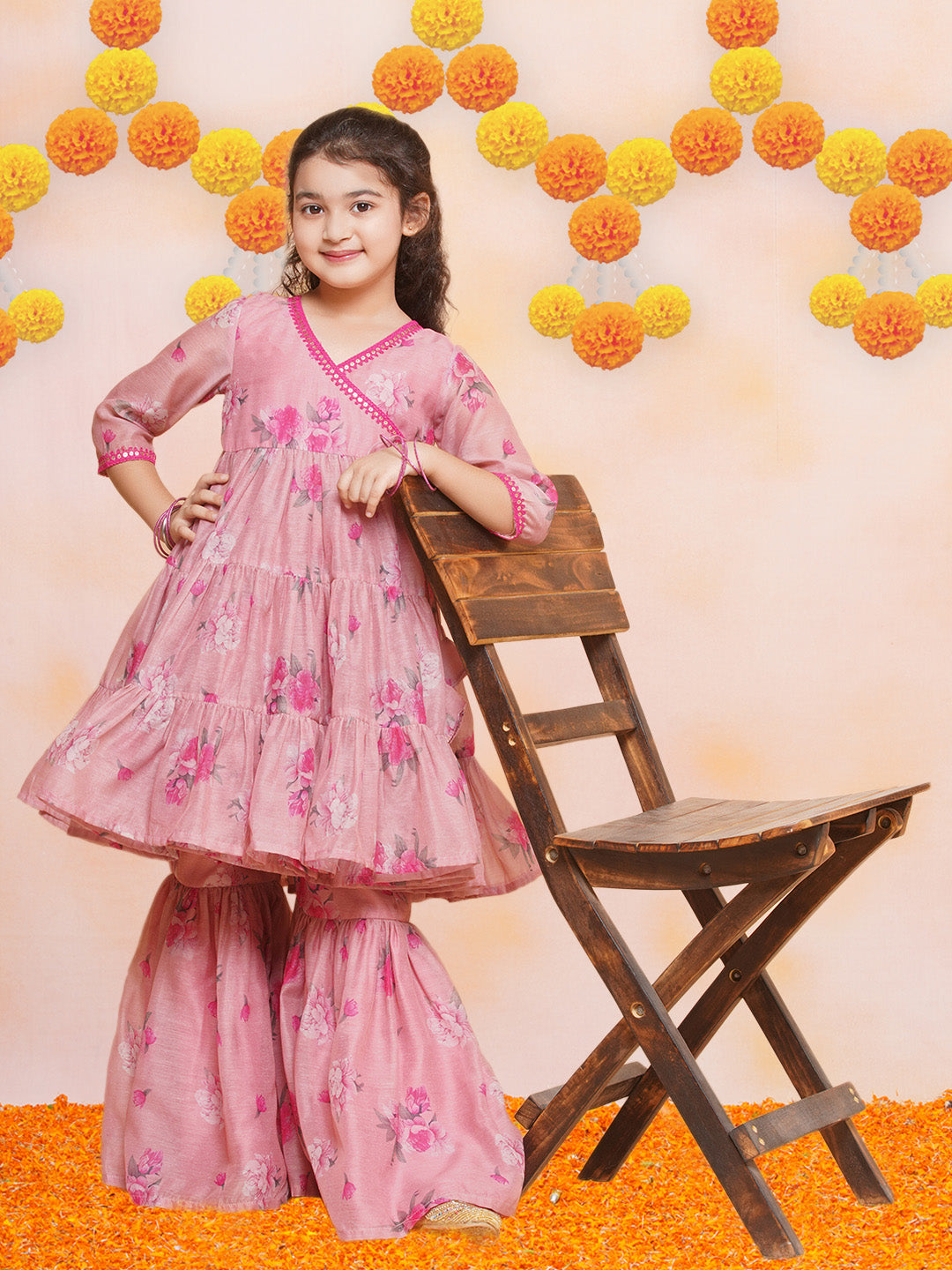 Girls Pink Printed Angrakha Kurta with Sharara - Bhama | Swadesiicart