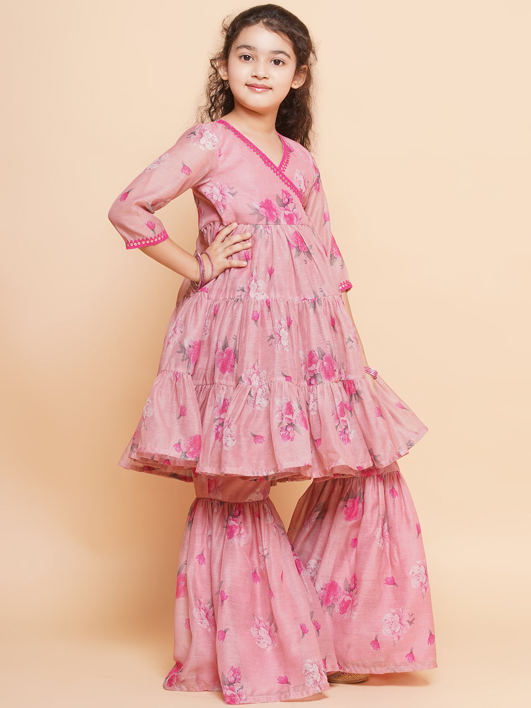 Girls Pink Printed Angrakha Kurta with Sharara - Bhama | Swadesiicart
