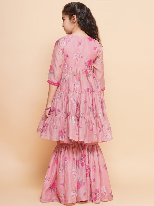 Girls Pink Printed Angrakha Kurta with Sharara - Bhama | Swadesiicart