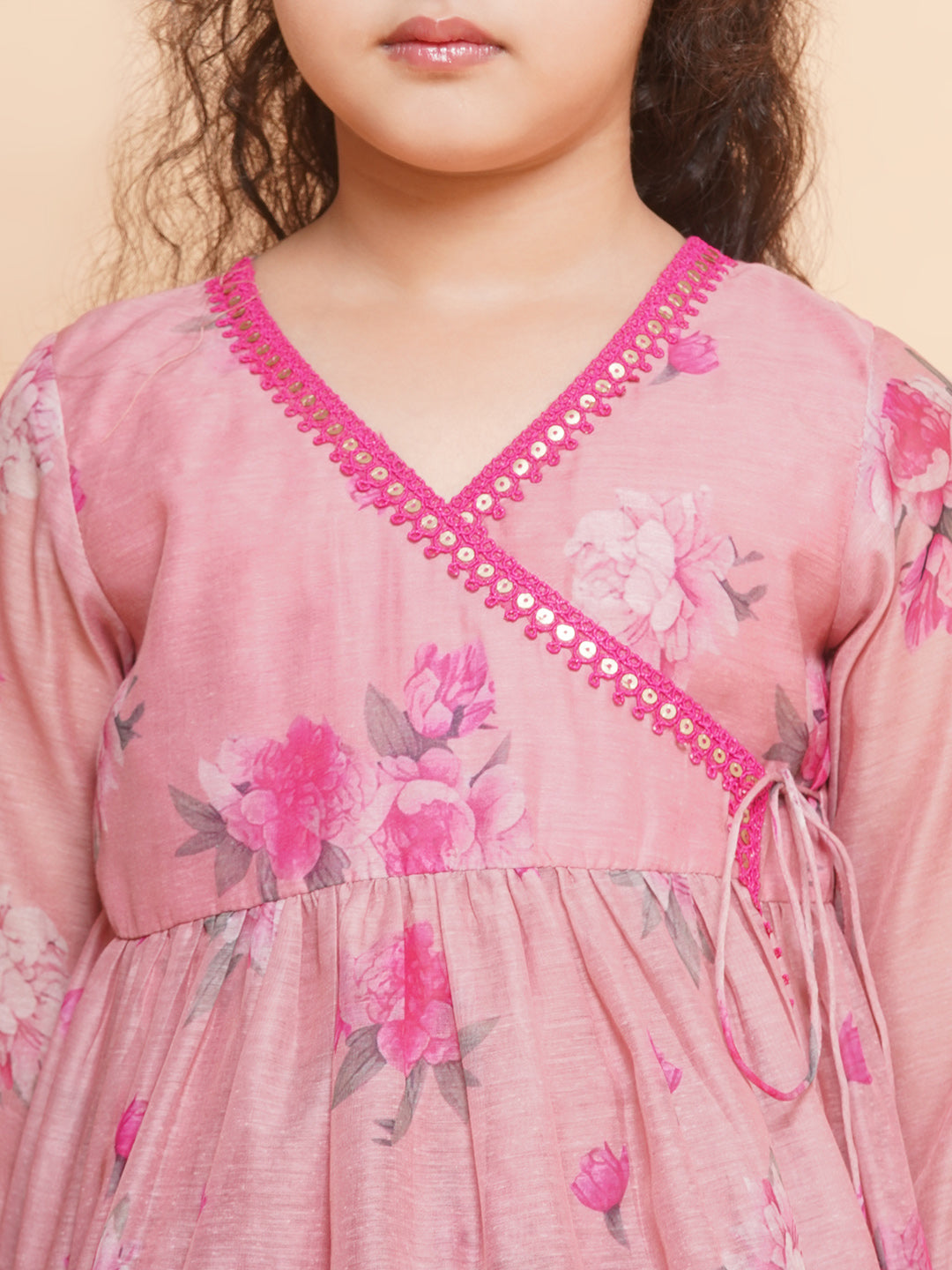 Girls Pink Printed Angrakha Kurta with Sharara - Bhama | Swadesiicart