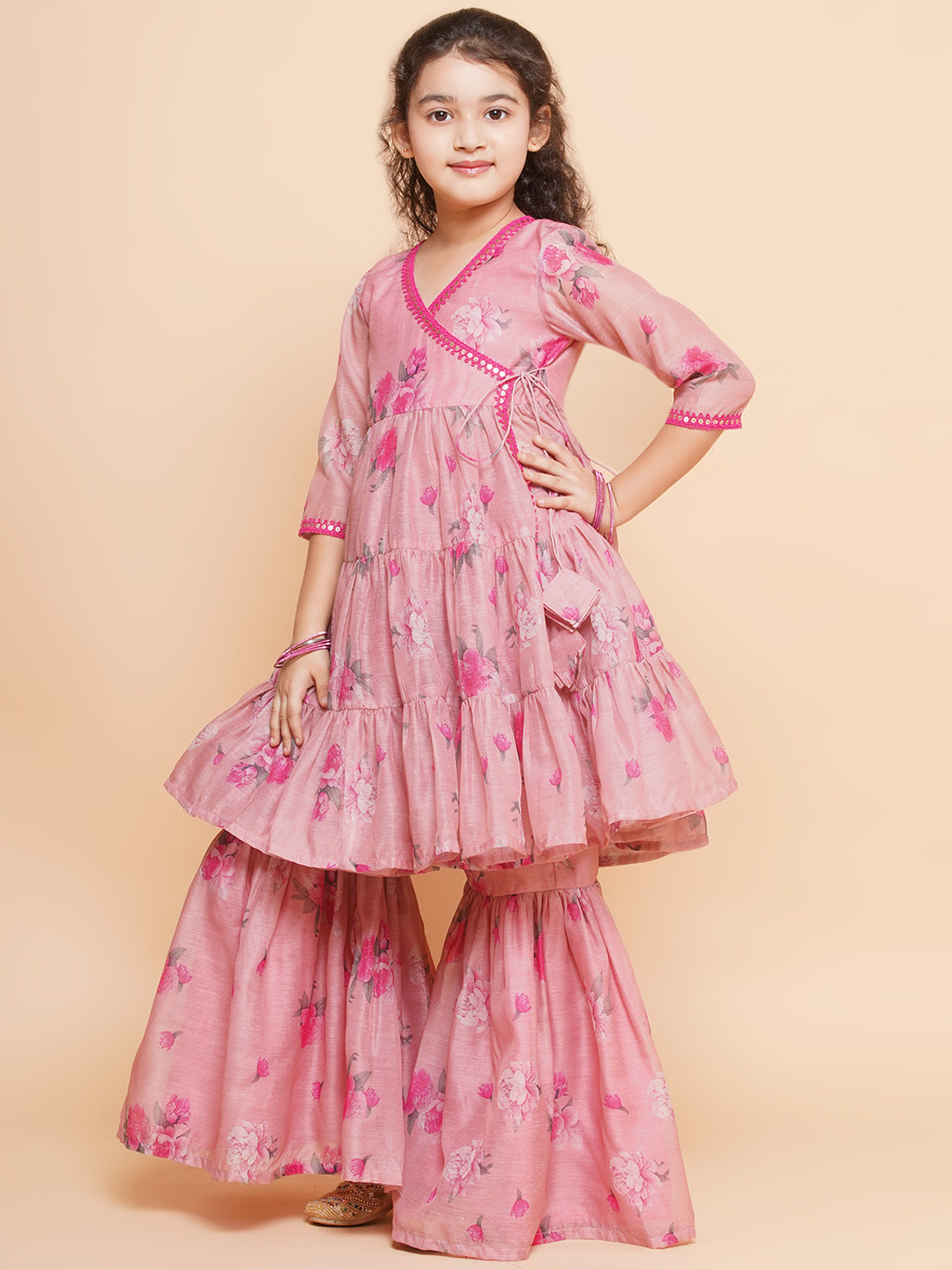 Girls Pink Printed Angrakha Kurta with Sharara - Bhama | Swadesiicart