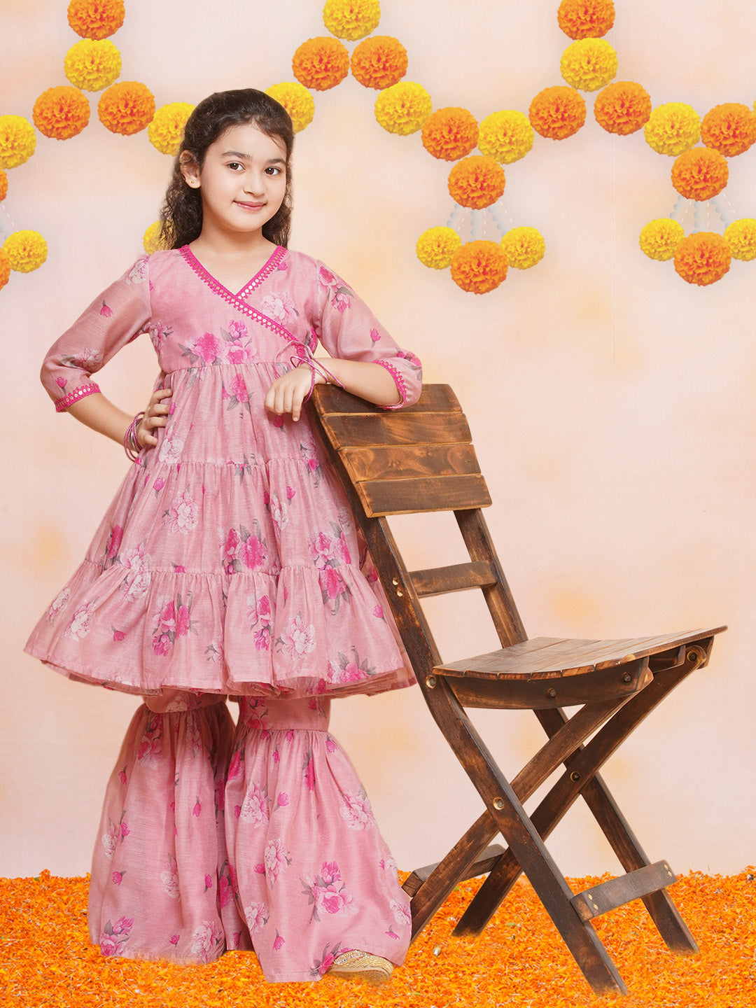 Girls Pink Printed Angrakha Kurta with Sharara - Bhama | Swadesiicart