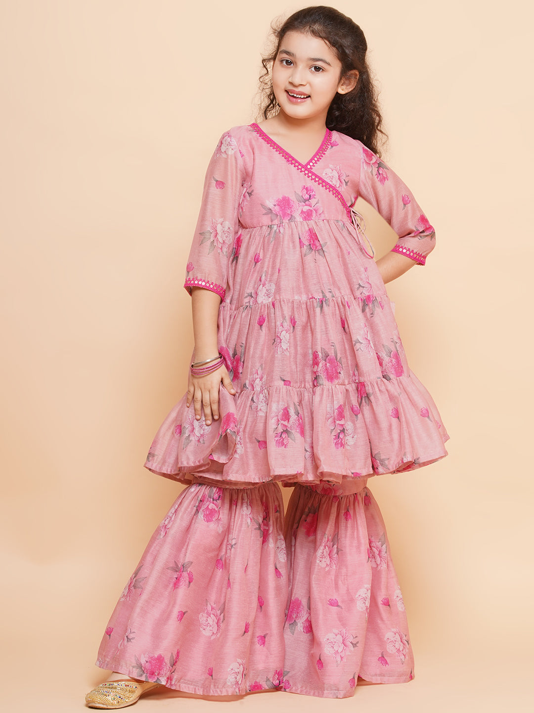 Girls Pink Printed Angrakha Kurta with Sharara - Bhama | Swadesiicart