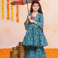Girls Teal Blue Printed V-Neck Kurta with Sharara - Bhama | Swadesiicart
