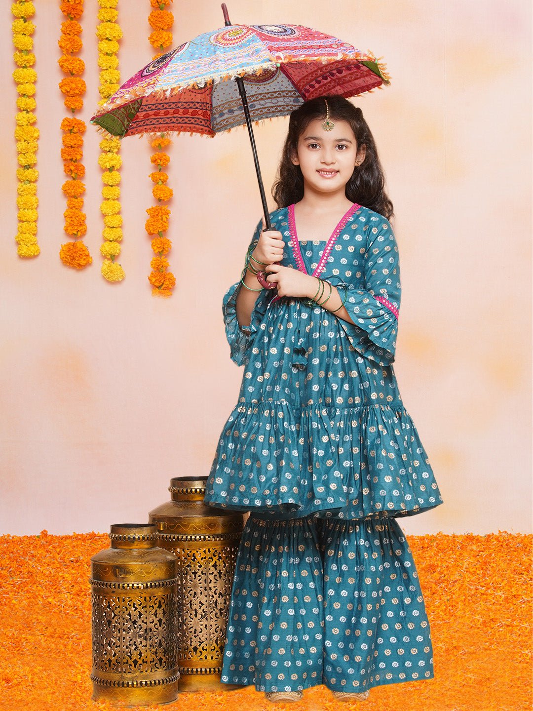 Girls Teal Blue Printed V-Neck Kurta with Sharara - Bhama | Swadesiicart
