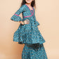 Girls Teal Blue Printed V-Neck Kurta with Sharara - Bhama | Swadesiicart