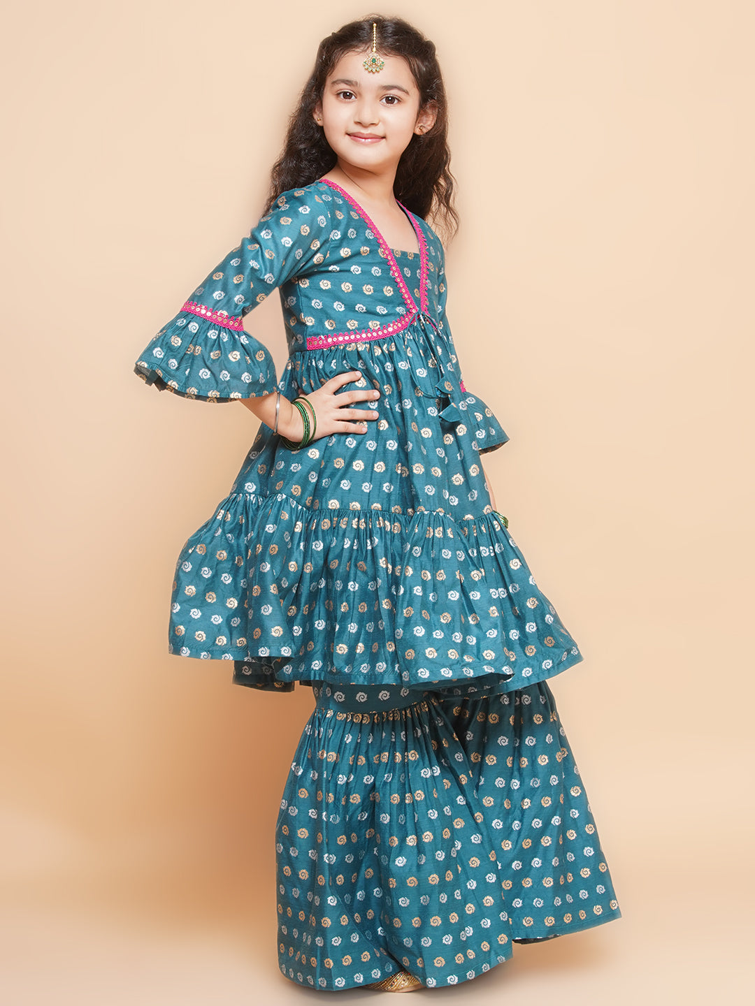 Girls Teal Blue Printed V-Neck Kurta with Sharara - Bhama | Swadesiicart