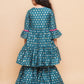 Girls Teal Blue Printed V-Neck Kurta with Sharara - Bhama | Swadesiicart