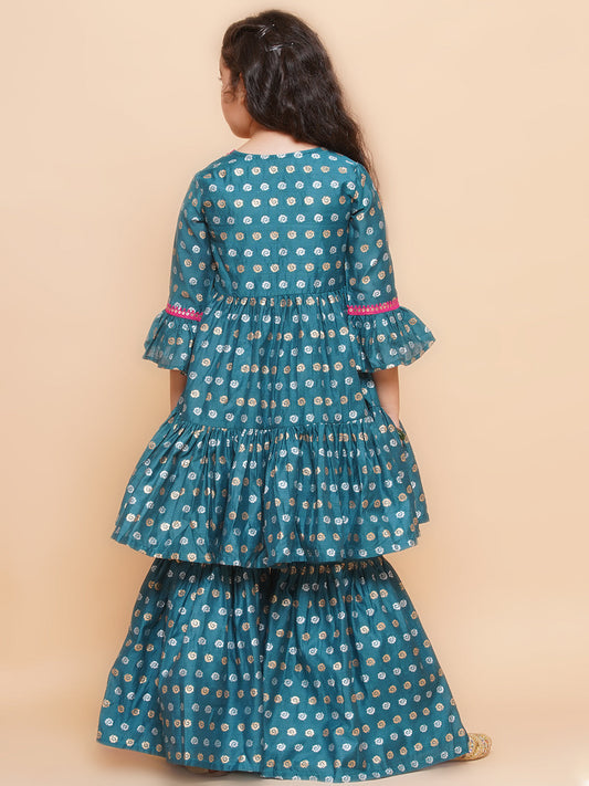 Girls Teal Blue Printed V-Neck Kurta with Sharara - Bhama | Swadesiicart