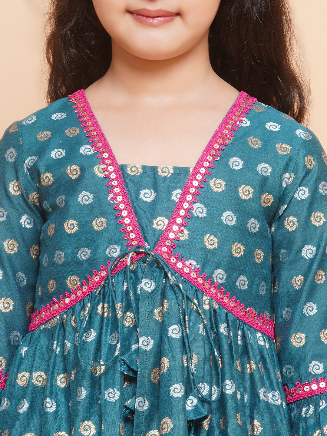 Girls Teal Blue Printed V-Neck Kurta with Sharara - Bhama | Swadesiicart