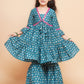Girls Teal Blue Printed V-Neck Kurta with Sharara - Bhama | Swadesiicart