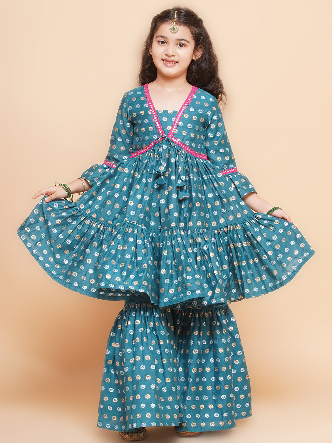 Girls Teal Blue Printed V-Neck Kurta with Sharara - Bhama | Swadesiicart