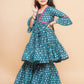 Girls Teal Blue Printed V-Neck Kurta with Sharara - Bhama | Swadesiicart