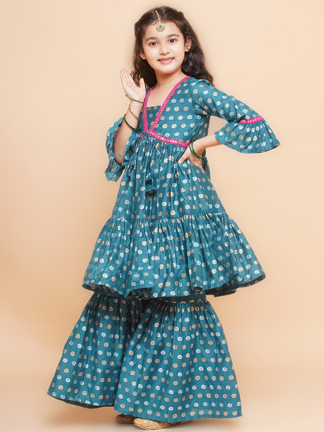 Girls Teal Blue Printed V-Neck Kurta with Sharara - Bhama | Swadesiicart