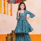 Girls Teal Blue Printed V-Neck Kurta with Sharara - Bhama | Swadesiicart