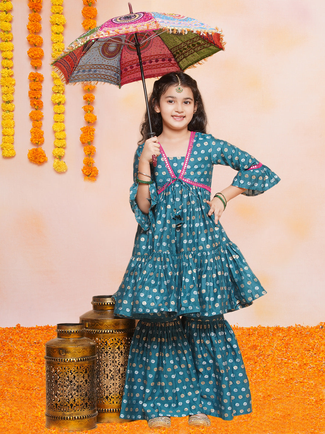 Girls Teal Blue Printed V-Neck Kurta with Sharara - Bhama | Swadesiicart