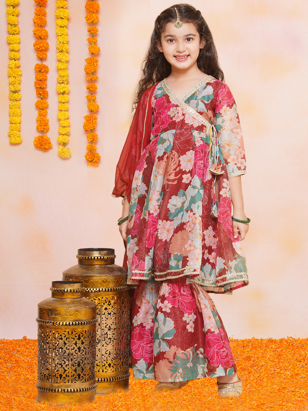 Girls Maroon Multi Printed Angrakha Kurta with Sharara & Dupatta - Bhama | Swadesiicart