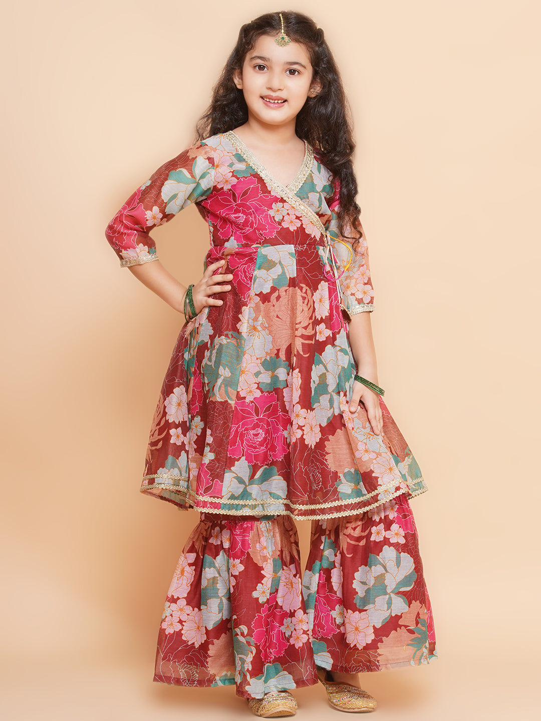 Girls Maroon Multi Printed Angrakha Kurta with Sharara & Dupatta - Bhama | Swadesiicart