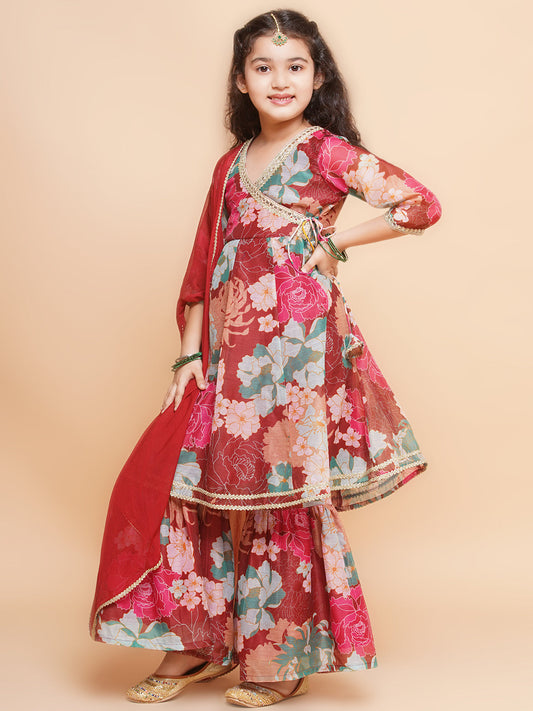 Girls Maroon Multi Printed Angrakha Kurta with Sharara & Dupatta - Bhama | Swadesiicart