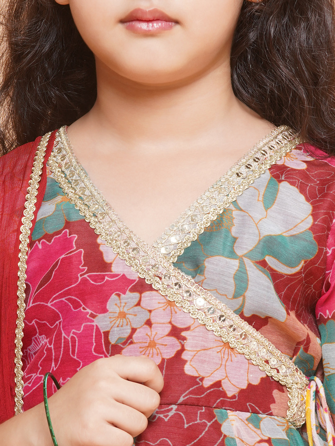 Girls Maroon Multi Printed Angrakha Kurta with Sharara & Dupatta - Bhama | Swadesiicart