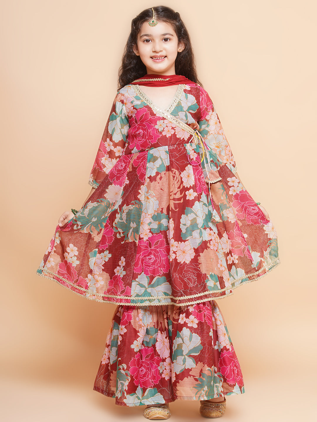 Girls Maroon Multi Printed Angrakha Kurta with Sharara & Dupatta - Bhama | Swadesiicart