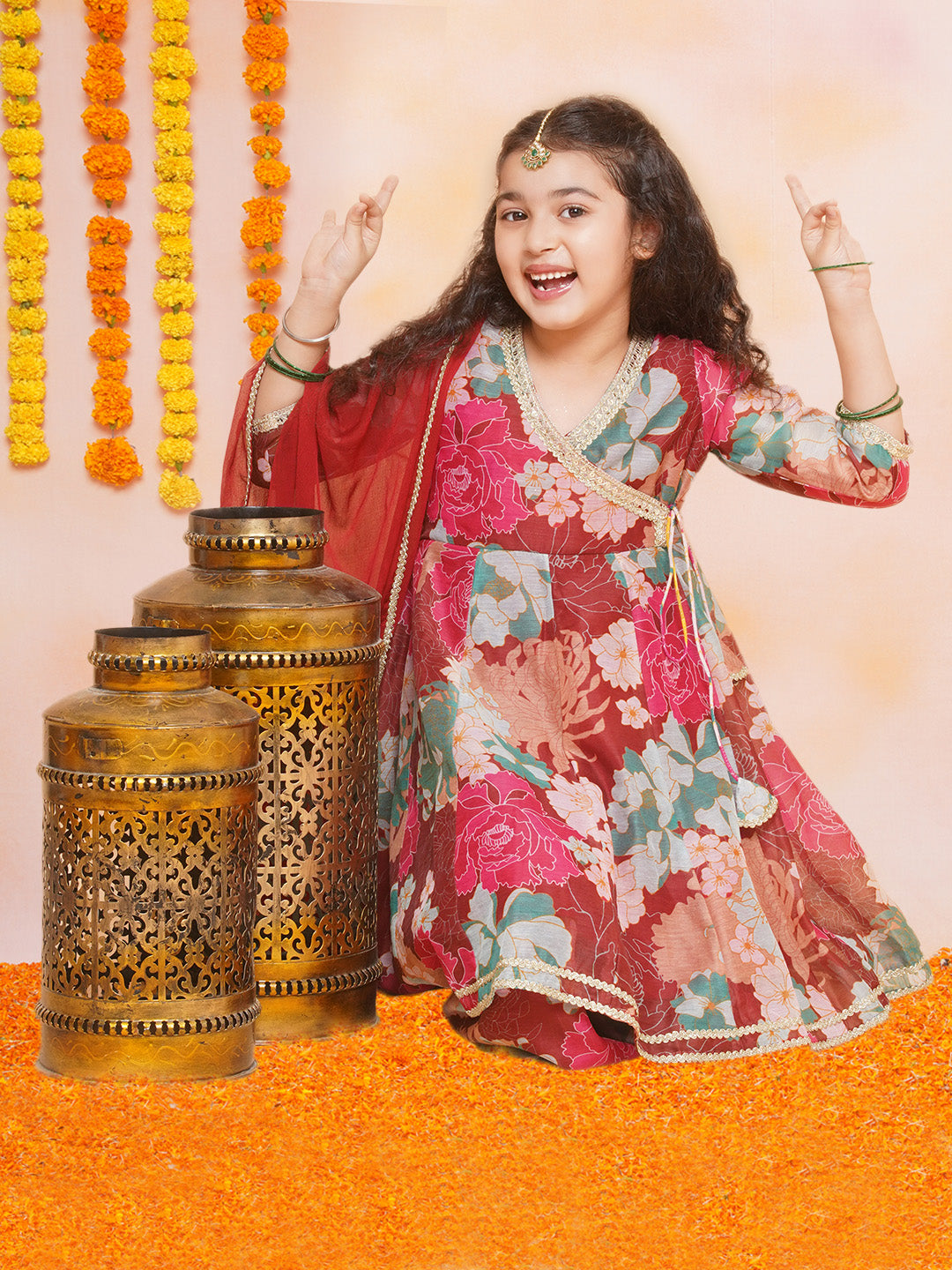 Girls Maroon Multi Printed Angrakha Kurta with Sharara & Dupatta - Bhama | Swadesiicart