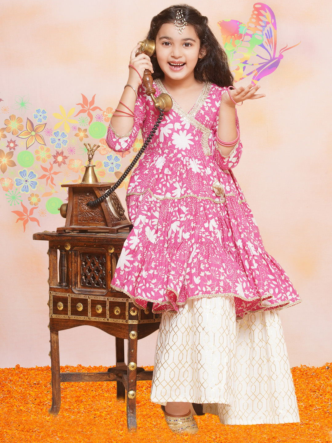 Girls Pink Printed Angrakha Tier Kurta with Sharara - Bhama | Swadesiicart