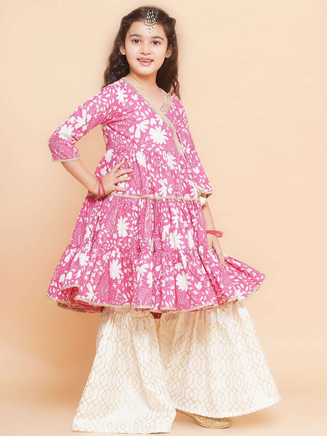 Girls Pink Printed Angrakha Tier Kurta with Sharara - Bhama | Swadesiicart