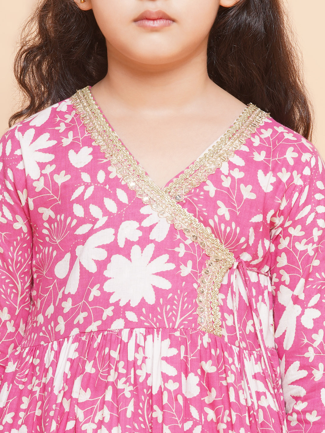 Girls Pink Printed Angrakha Tier Kurta with Sharara - Bhama | Swadesiicart