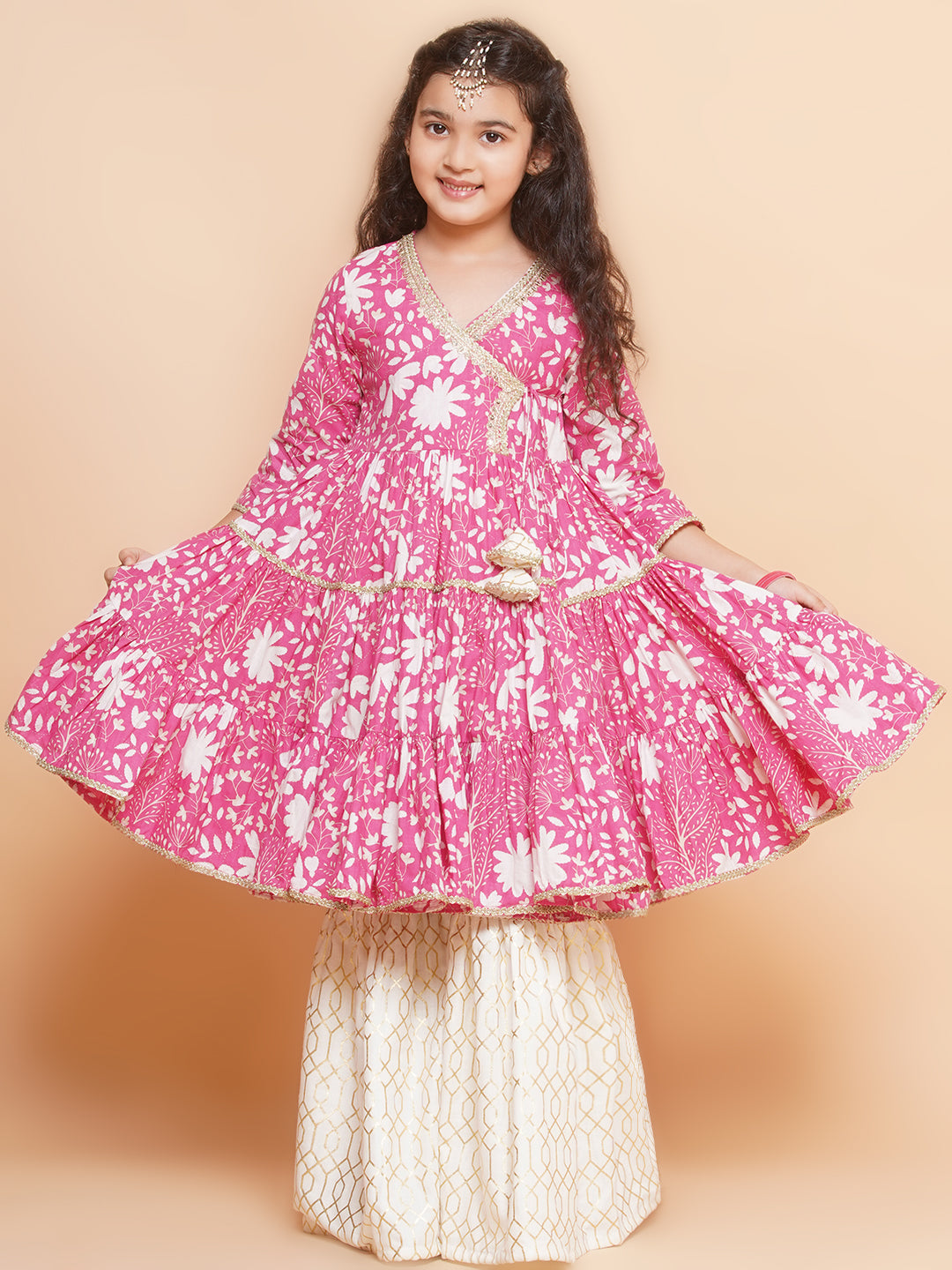 Girls Pink Printed Angrakha Tier Kurta with Sharara - Bhama | Swadesiicart